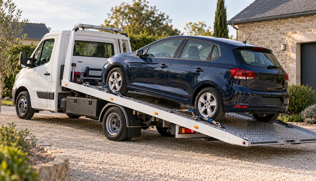 Enlèvement d'une voiture sur un camion plateau
