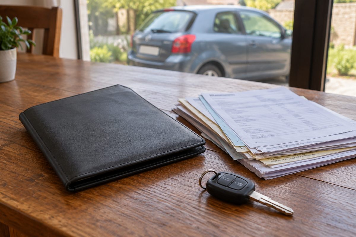 Pochette d’entretien, factures et clé de voiture posées sur une table