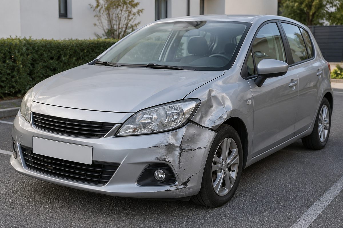 Voiture grise présentant une aile avant enfoncée et un pare-chocs rayé