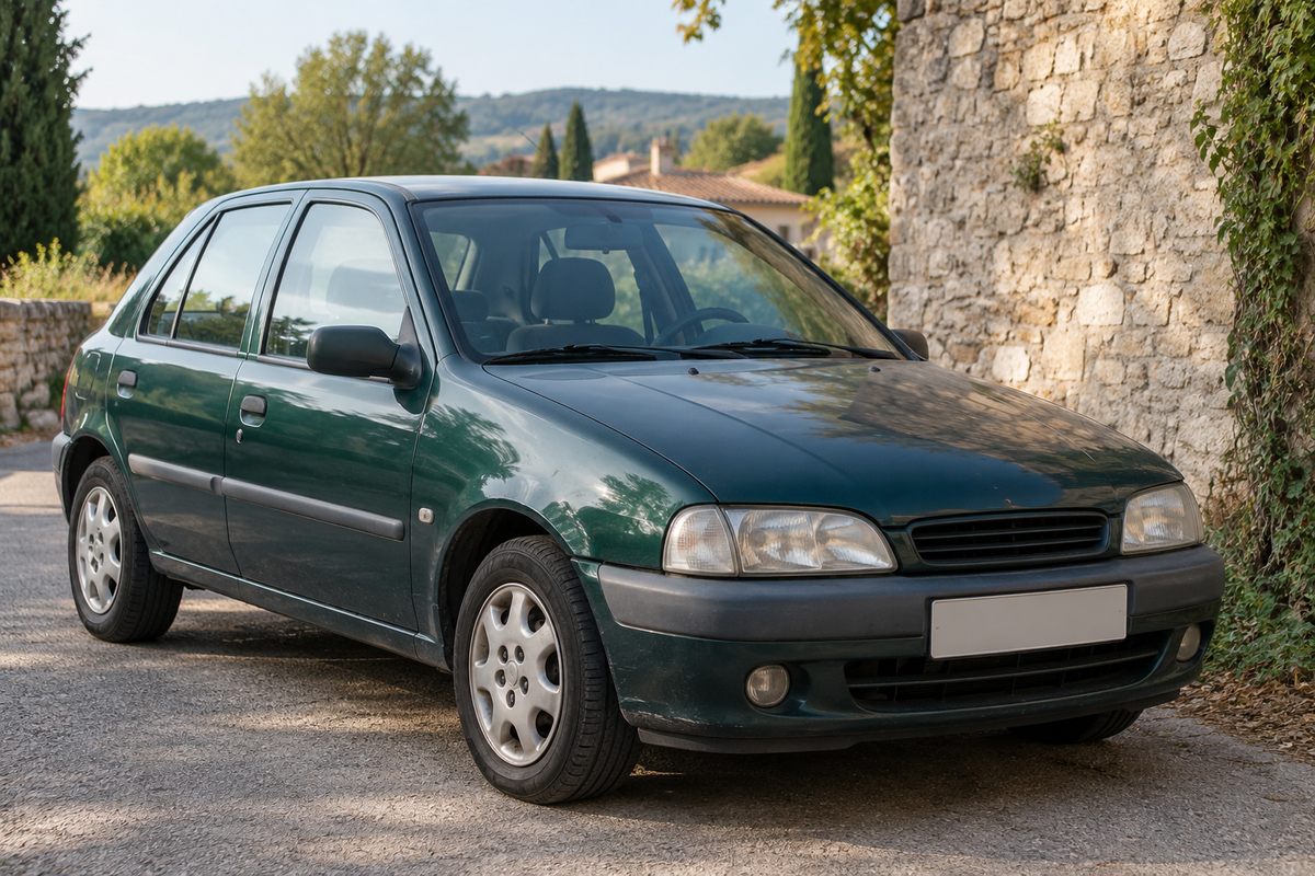 Voiture ancienne de couleur verte, avec des traces d’usage, garée près d’un mur en pierre